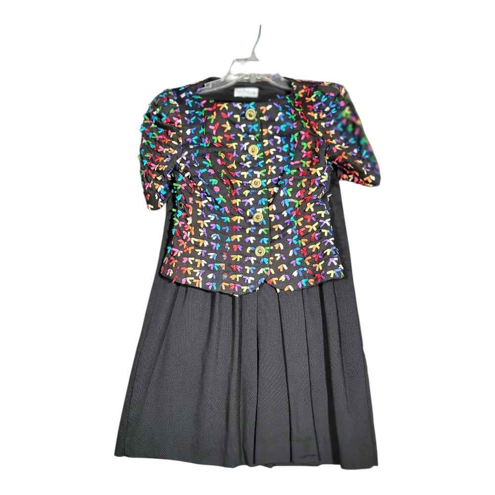 Gay Boyer Vintage Retro 80s 90s Bow Puff Sleeve Blouse Black Pleated Skirt Sz 6 - Picture 5 of 15
